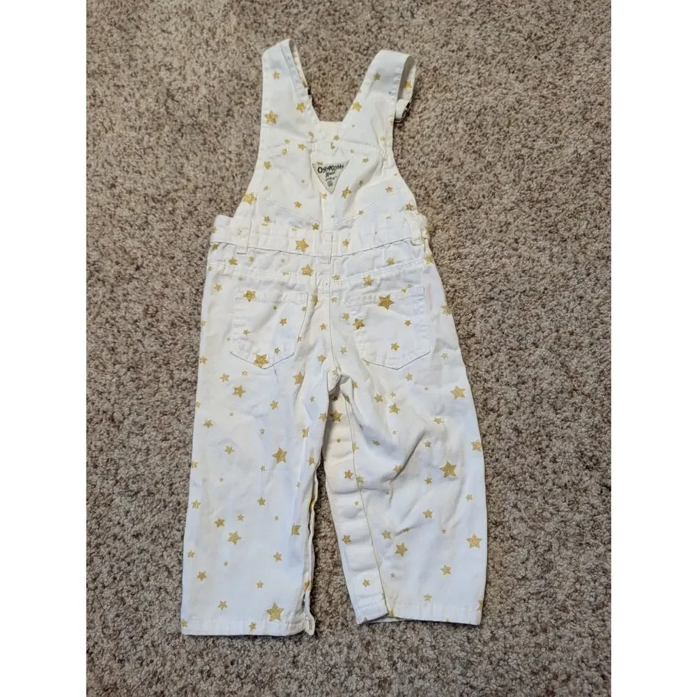 OshKosh B’gosh Baby Star Print Overalls Size 12M White Gold Cotton Bib Overalls